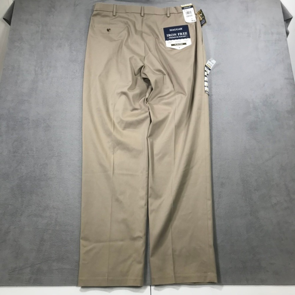 Haggar Khaki Pants Mens 36x34 Tan New Pleated Iron Free Premium Stretch Flex